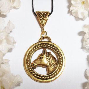 Gold Horse Necklace Pendant Charm Jewelry Set Colt Mare Gift Idea Unisex 5386